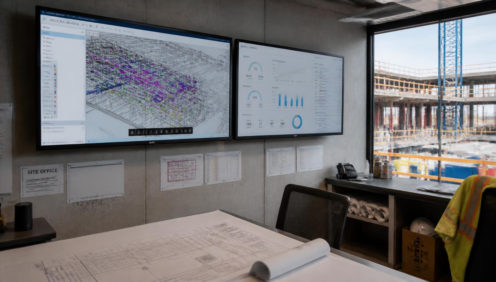 Site office of a capital project with a coordinated BIM model and project-controls dashboards on screen, drawing set on the plan table and the construction works visible beyond