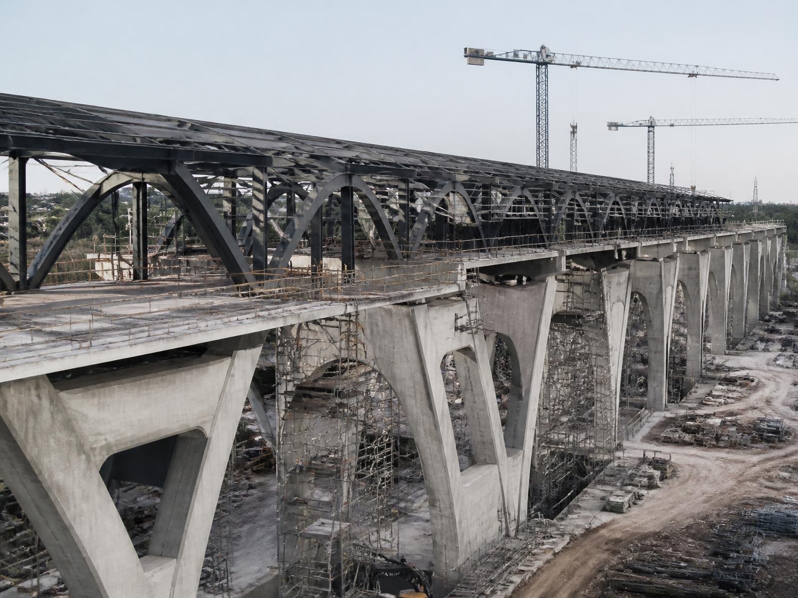 Large civil viaduct under construction, with repeating structural geometry and tower cranes
